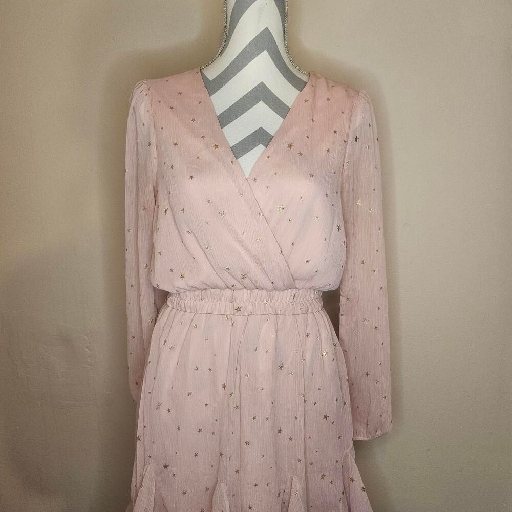 Pink Metallic Star Dress – Long Sleeve, Elastic Waist, Sheer Back